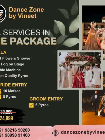 Get all your entry effects in one convenient package. We cover the Jaimala with a flower shower and low fog, the bride's entry with traditional matkas, and the groom's entry with pyros.