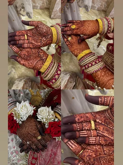 A collage showing various angles of the deep henna stain, highlighting the intricate patterns on the fingers and palms.