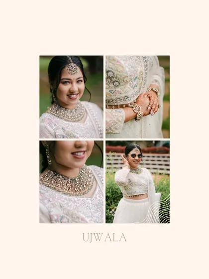 A collage of the bride in her white engagement outfit, showcasing her stunning necklace, her happy smile, and a fun shot with sunglasses. It captures her multifaceted personality.
