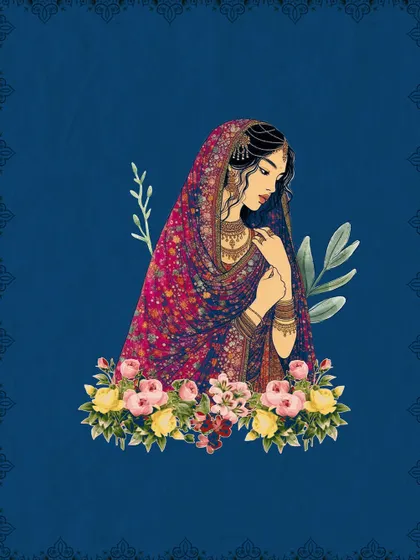 A portrait illustration from the Golden Dunes collection, capturing the essence of a modern bride with deep roots in her heritage. This artwork is often used to personalize invitations and hampers, adding a deeply artistic touch.
