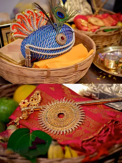Offerings for the Maha Sudarshan Homa, including a traditional turban and a depiction of the Sudarshana Chakra. Every item used in the puja is symbolic and holds spiritual significance.