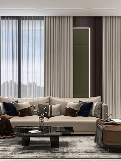 A living and dining area from a 3BHK contemporary fusion project in Pune. The design uses a sophisticated palette of olive green, beige, and rich browns to create a balanced and luxurious atmosphere.