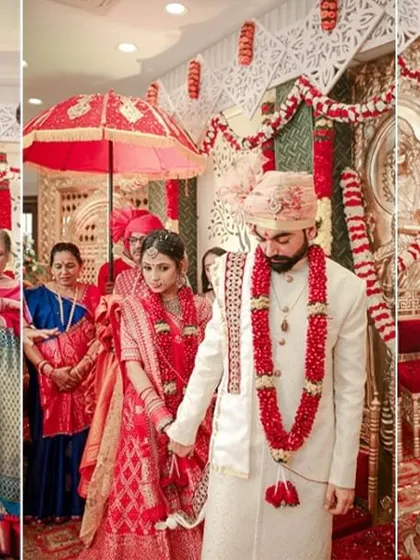 A collage of key moments from a North Indian wedding ceremony, including the 'saat phere' or seven steps around the holy fire.
