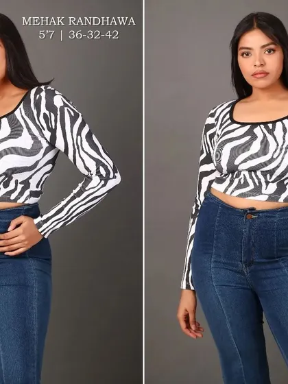 This diptych showcases a plus-size model in a zebra-print top and high-waisted jeans. Presenting both a side profile and a direct front-facing pose gives a comprehensive view for fashion e-commerce.