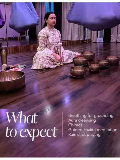 What to expect in our Rhythms of Renewal sound bath: breathing for grounding, aura cleansing, chimes, guided chakra meditation, and the gentle sound of a rain stick.