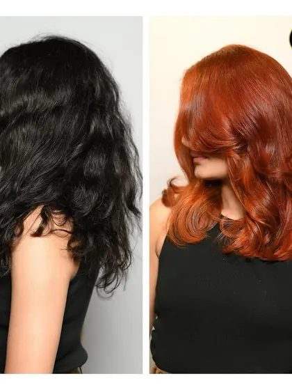 A side-by-side comparison from a profile view, showing the dramatic change from dark, natural hair to the vibrant copper red.