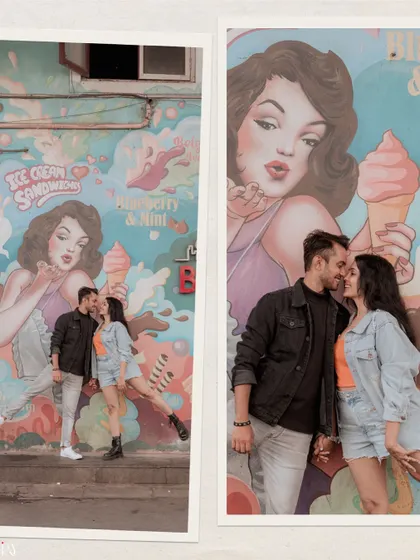 A fun diptych of the couple posing against a vibrant mural, showcasing their playful side.
