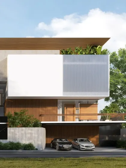 This render of the 'House of Reddys' showcases the planned exterior, with a focus on the integration of built form and landscape, and a material palette combining concrete, wood, and glass.
