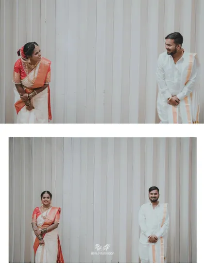 A minimalist and modern diptych of the couple, standing apart and then looking at each other.