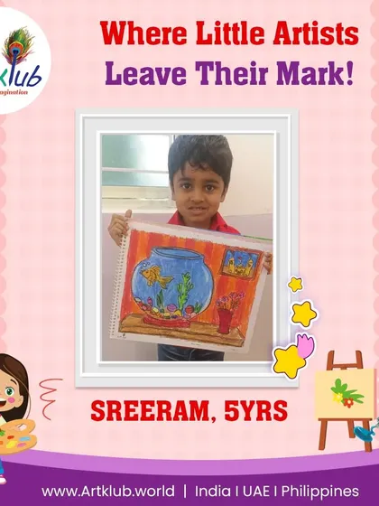 Five-year-old Sreeram leaves his mark with this detailed drawing of a fishbowl in a room.