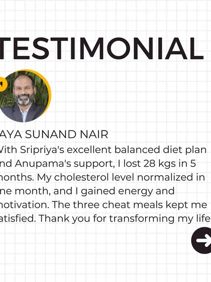 Jaya's testimonial highlights how a balanced diet plan, with support from my team and our 3-cheat-meal formula, helped him lose 28 kgs in 5 months and normalize his cholesterol.