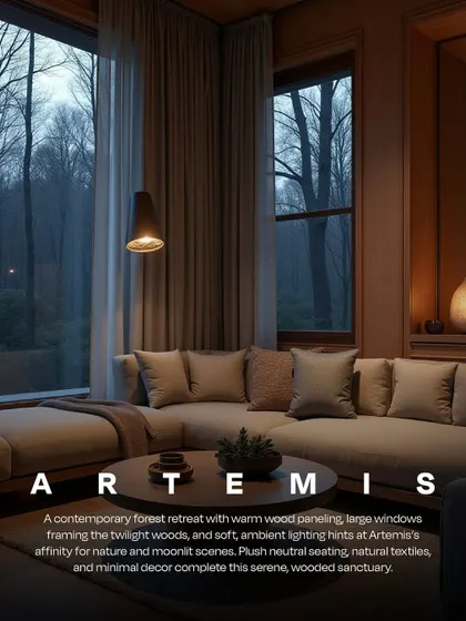 This AI-generated contemporary forest retreat is inspired by Artemis. Warm wood paneling and large windows frame the twilight woods, creating a serene, wooded sanctuary that reflects the goddess's affinity for nature and moonlight.
