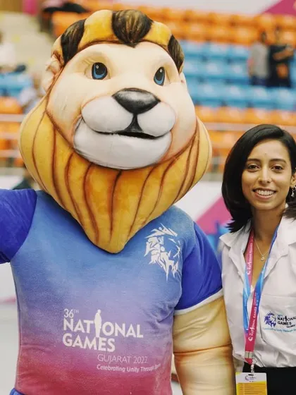 Posing with Savaj, the mascot for the 36th National Games in Gujarat. These events are a celebration of sport and sportsmanship.