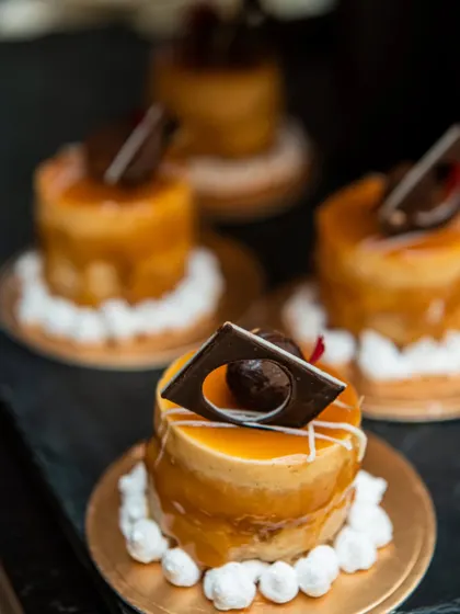 A close-up of our mini caramel cakes, showing the glossy finish and delicate chocolate work.