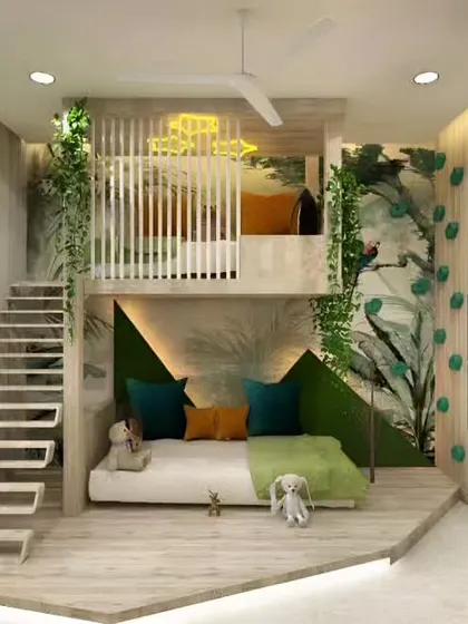 This jungle-themed kid's room features a loft bed with a staircase, a climbing wall, and a study desk. The use of green and wood tones, along with plant motifs, creates an immersive and adventurous feel.