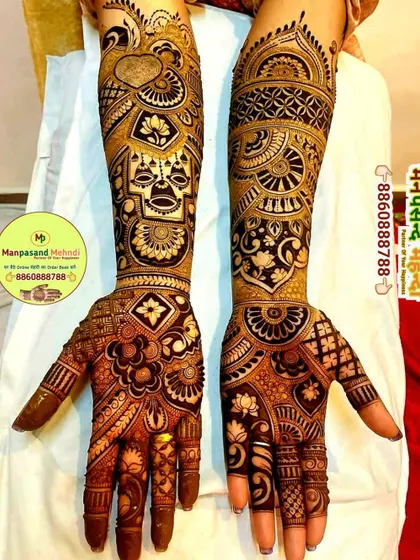 A stunning Karwa Chauth design featuring a goddess figure and lotus motifs. The intricate details and bold shading make this a true work of art.