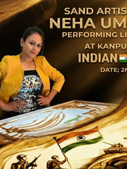My first show of the year was for our real heroes in Kanpur. This poster captures the essence of my patriotic sand art, featuring soldiers, tanks, and the Indian flag.