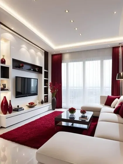 In this living room design, we introduced a bold splash of color with deep red curtains and a matching plush rug. This contrasts beautifully with the white sectional sofa and glossy floors. The integrated TV wall unit features custom shelving for displaying decor, combining functionality with personal style.