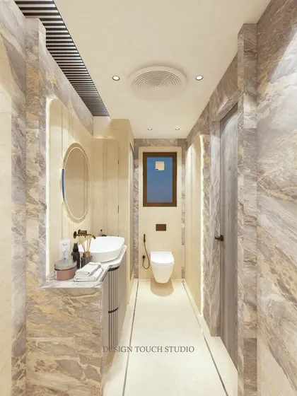 Another angle of the bathroom render, showing the layout of the vanity, toilet, and shower area in a long, narrow space.