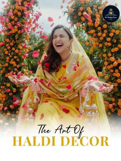 The art of Haldi decor is about capturing pure joy. This image of a bride laughing amidst a shower of petals perfectly embodies the vibrant and happy atmosphere I strive to create for this special ceremony.