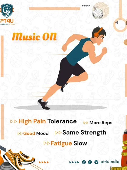 This graphic shows the positive effects of listening to music while working out. It can lead to higher pain tolerance, more reps, a better mood, and slower fatigue.
