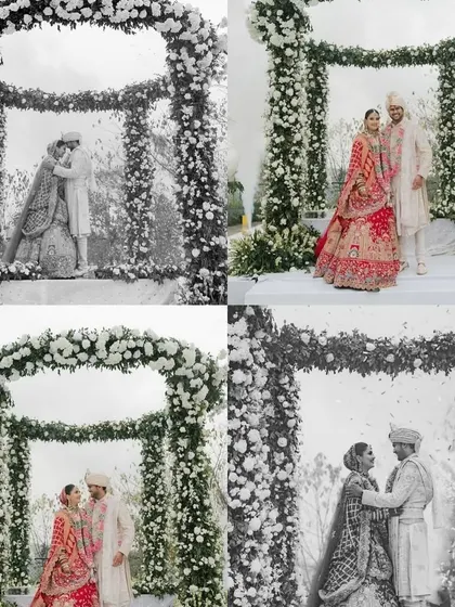 A collection of moments from a beautiful wedding ceremony, showcasing the couple under a grand floral arch. We design these picture-perfect backdrops to ensure your wedding photos are as timeless as your memories.