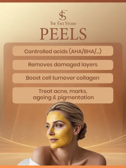 This graphic explains what chemical peels do. They use controlled acids like AHA and BHA to remove damaged outer layers of skin, boost cell turnover and collagen, and treat concerns like acne, marks, aging, and pigmentation.