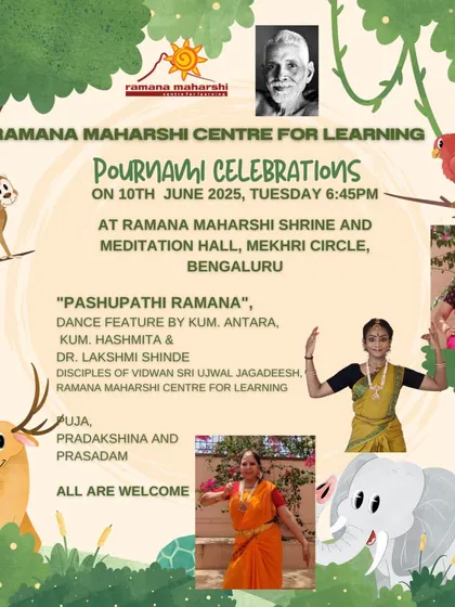 A Pournami celebration featuring a 'Pashupathi Ramana' dance performance by disciples of our Centre. The playful and vibrant artwork reflects the theme of Bhagavan's compassion for all creatures.