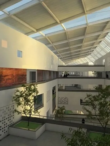 A render of the atrium space, showing how the skylight illuminates the interior and highlights the indoor planting. This was a key visualization during the design process.