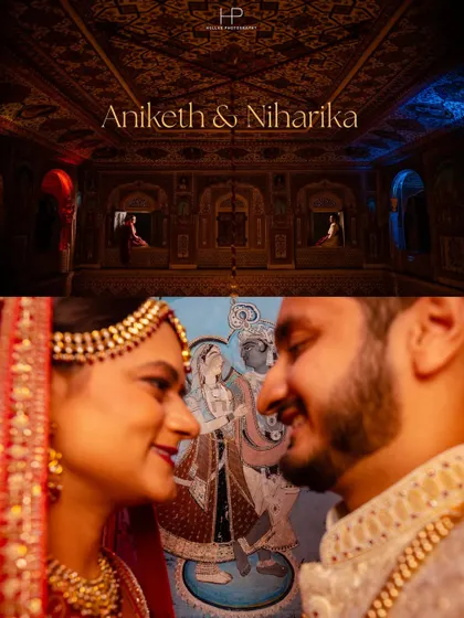 A collage that captures the grandeur and intimacy of a traditional photoshoot in a palace. The top shot highlights the ornate ceiling, while the bottom is a close-up of the couple's happy faces.