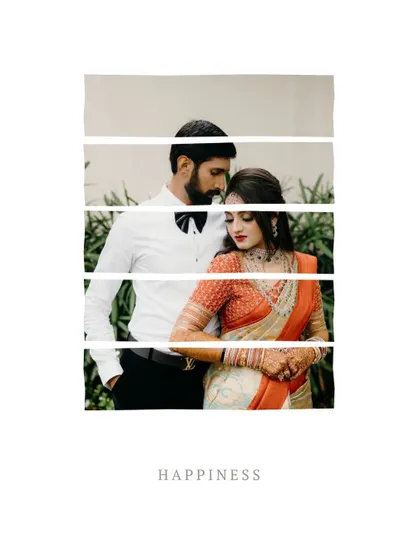 An artistic edit of a couple's portrait, presented in horizontal strips with the word "Happiness" below. This modern composition adds a unique touch to the gallery.