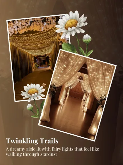 We create twinkling trails for your guests to walk through, using thousands of fairy lights to line the aisle and ceiling for a dreamy, stardust effect.