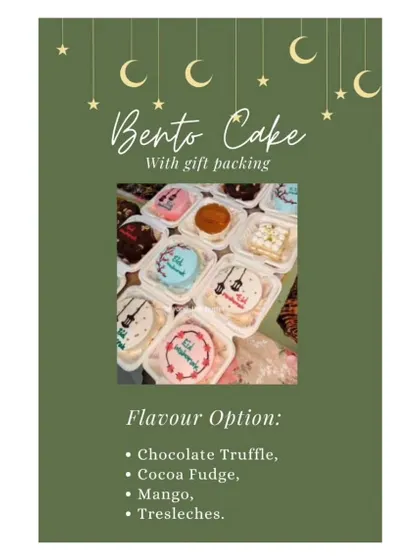 My Eid menu flyer showcasing the different bento cake flavors I offer for festive pre-orders.