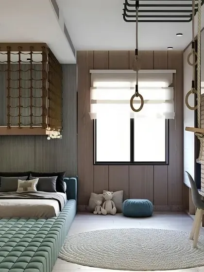 An adventure-themed room with a netted loft bed and gymnastic rings, designed for active and playful kids.