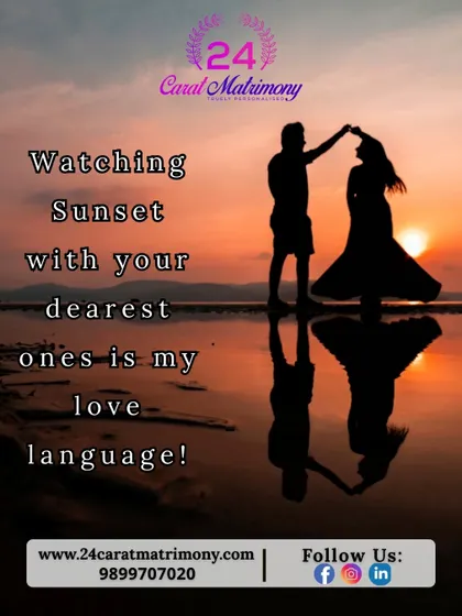 "Watching the sunset with your dearest one is my love language." A silhouette of a couple against a beautiful sunset, symbolizing romantic and peaceful moments together.