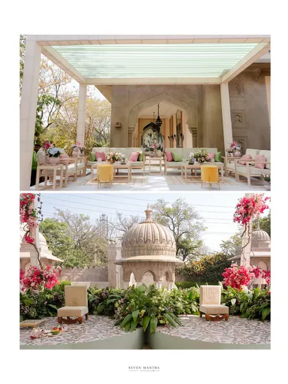A look at the stunning decor. The pastel-themed lounge area and the grand floral arrangements at the entrance set the scene for a beautiful celebration.