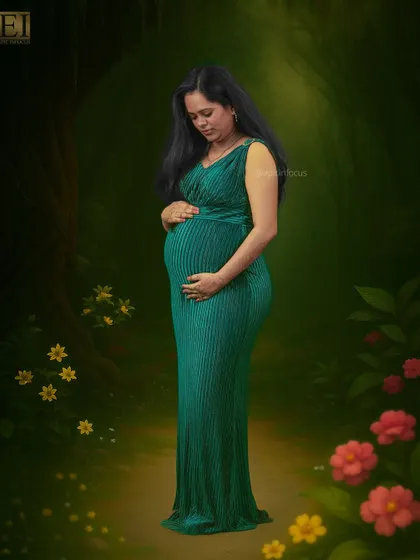 A full-length portrait in a pleated emerald green gown, set against an enchanted forest studio backdrop.