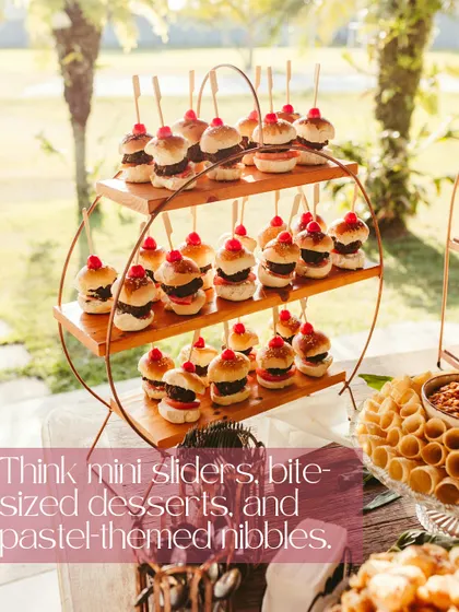 Our mini sliders are a hit at every event. Displayed on a three-tiered stand, these bite-sized burgers are perfect for baby showers, birthdays, and casual corporate gatherings.