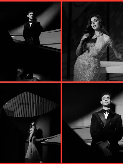 A collection of high-contrast, black and white portraits. These shots focus on form, expression, and mood, creating a series of artistic and dramatic images for the couple.