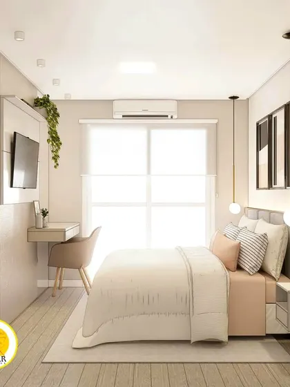 A wider view of the bedroom, showing the placement of the bed, study area, and window.