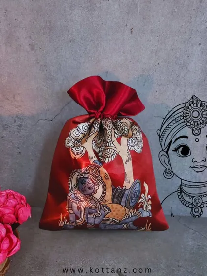 The birth of Krishna is a popular theme for birth announcements. This beautiful potli bag captures the beloved deity in a classic artistic style.