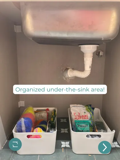Even the under-the-sink area gets organized. We use bins to neatly store cleaning supplies and back-stock items.