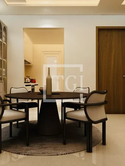 A different angle of the proposed dining area, showing its connection to the rest of the living space and the kitchen entryway.