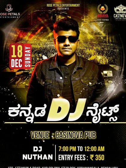 This poster is for a dedicated Kannada DJ set at Casinova Pub in Koramangala. I love doing these exclusive Sandalwood nights for the hardcore fans. ಎಲ್ಲರೂ ಬನ್ನಿ, ಮಸ್ತ್ ಮಜಾ ಮಾಡೋಣ.