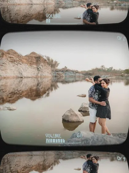 A creative shot framed like a vintage film strip, capturing the couple by a serene lake.