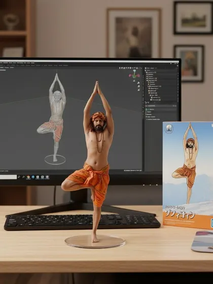 My practice extends beyond the mat. This image shows a 3D-printed figurine of me in a yoga pose, a fusion of ancient art and modern technology, reflecting my own approach to fitness.