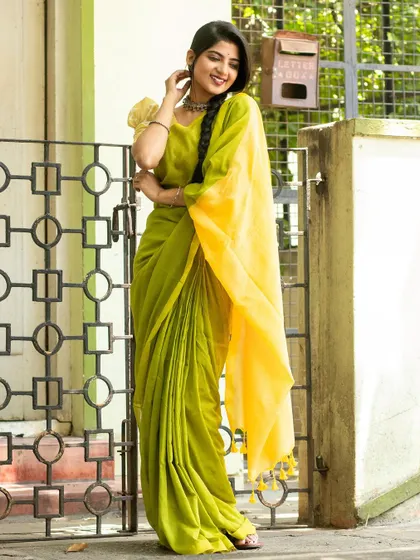 A collage of images from a summer saree shoot. The different poses and expressions in the lime green and yellow saree showcase a range of moods, from playful to thoughtful.