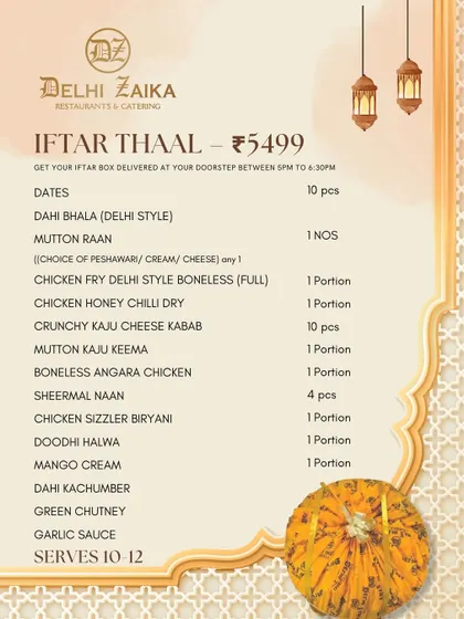 For the grandest of Iftar gatherings, I present the Iftar Thaal for ₹5499. This majestic spread serves 10-12 people and features a whole Mutton Raan, multiple chicken and mutton dishes, biryani, breads, and desserts. It is the ultimate feast to celebrate togetherness.