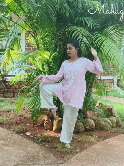 Day 8 of our Navadurga series: Mahagauri. This graceful, balanced pose in a serene outdoor setting reflects the purity and peace associated with this form of the goddess.