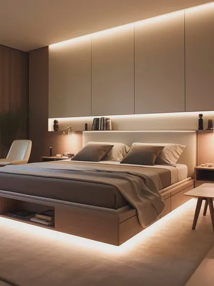 This design concept showcases a modern platform bed with built-in storage drawers and integrated LED lighting along its base. The headboard extends into a full wall panel with a backlit niche, creating a warm and inviting ambiance.